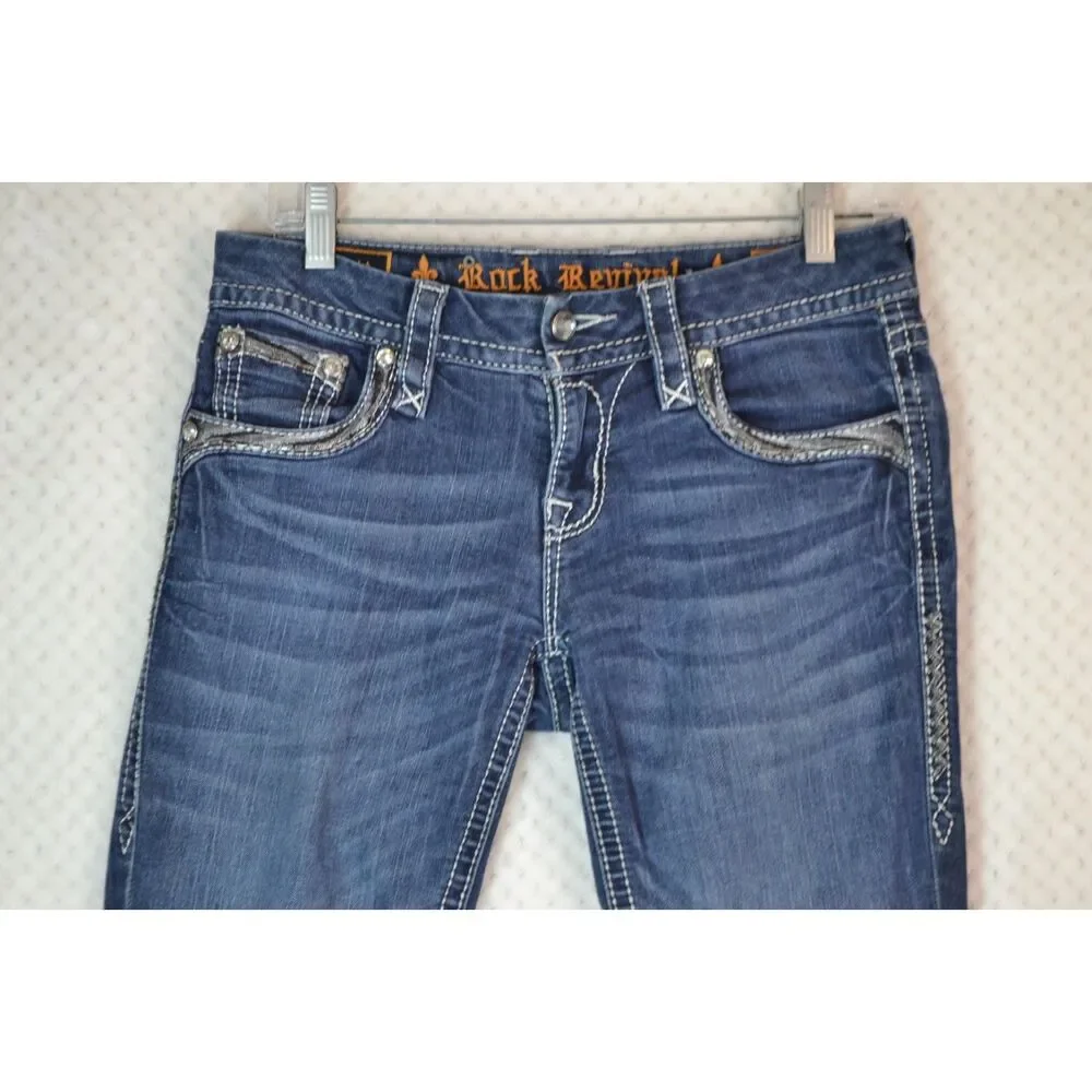 Rock Revival Women's 26 Long Deeka Straight Leg Embellished Stretch Jeans